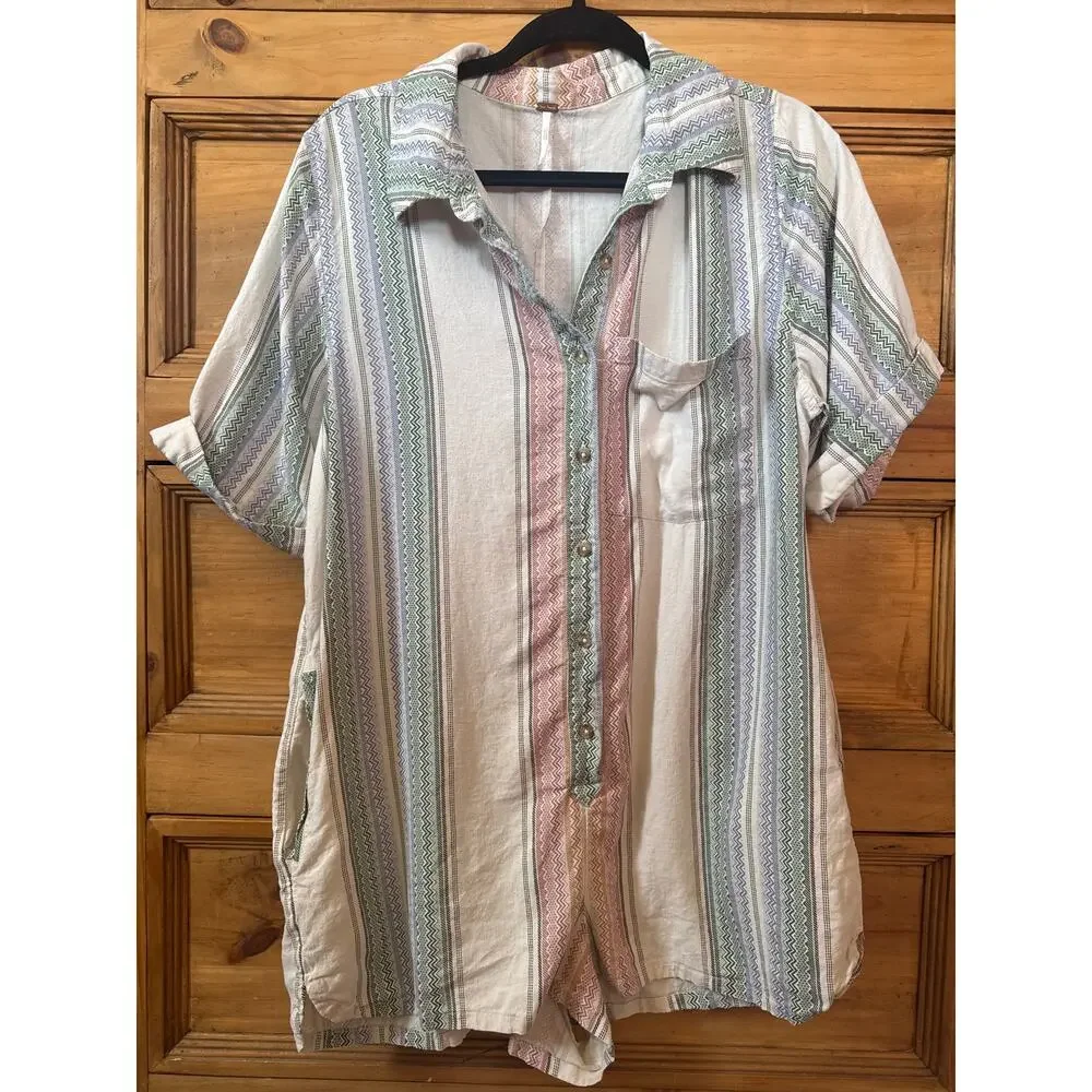 Free People Pastel Striped Romper - Cream, Pink, Green